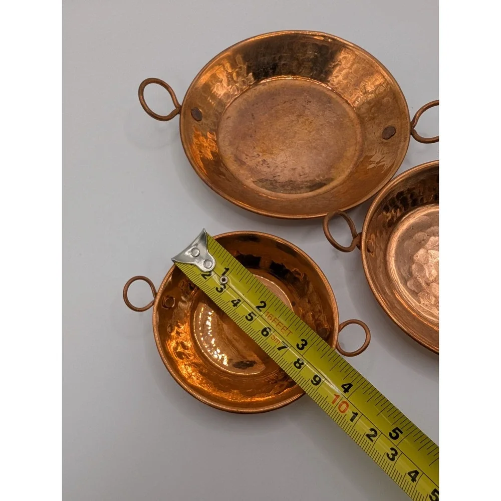 Vintage Mini Copper Cazo Set of 3 Hammered Mexican Style Cazo Pans